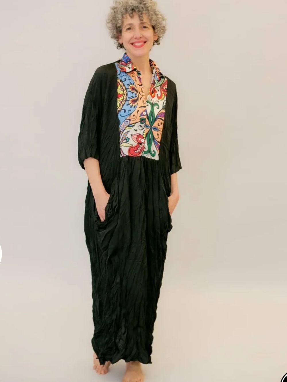 NWT Alembika Paisley Bib Crinkle Maxi Dress XS Black Multi Pockets PD133M